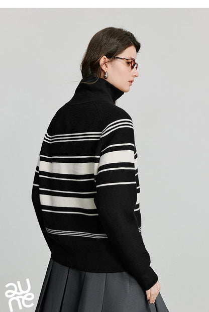 TOYOUTH Women Knitted Sweater 2026 Autumn New Fashionable Style Striped Zipper High Collar Woolen Pullover Sweater Tops