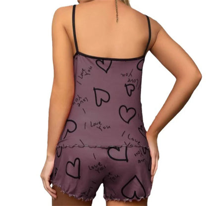 Women's Heart-Shaped Printed Pajamas Set Sexy Pajamas Silk Pleated Vest Shorts Set Soft and Comfortable Home Wear Sweet and Cute