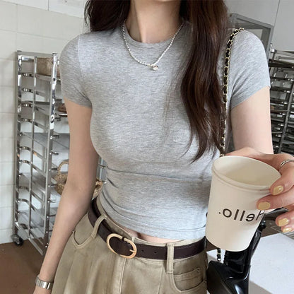 Basic Solid Crop Top Short Sleeve Crewneck Skinny T-shirt Summer Casual Tee for Women Y2K Vintage Top Harajuku Streetwear
