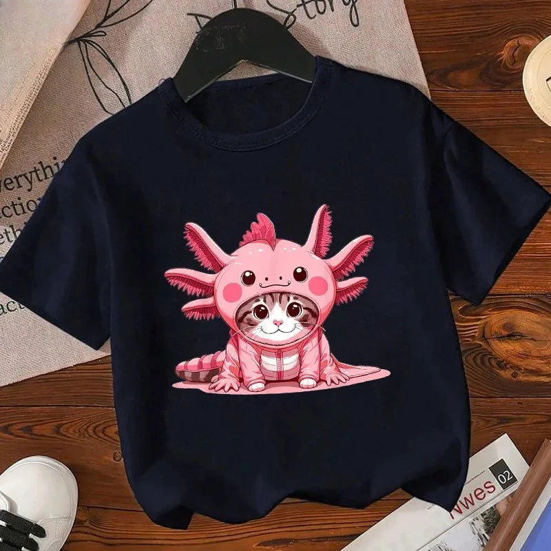 Axolotl Kawaii T Shirt Kid Summer Fashion T Shirt Children Streetwear Boba Axolotl Anime Casual Child Clothing Bithday Tshirts