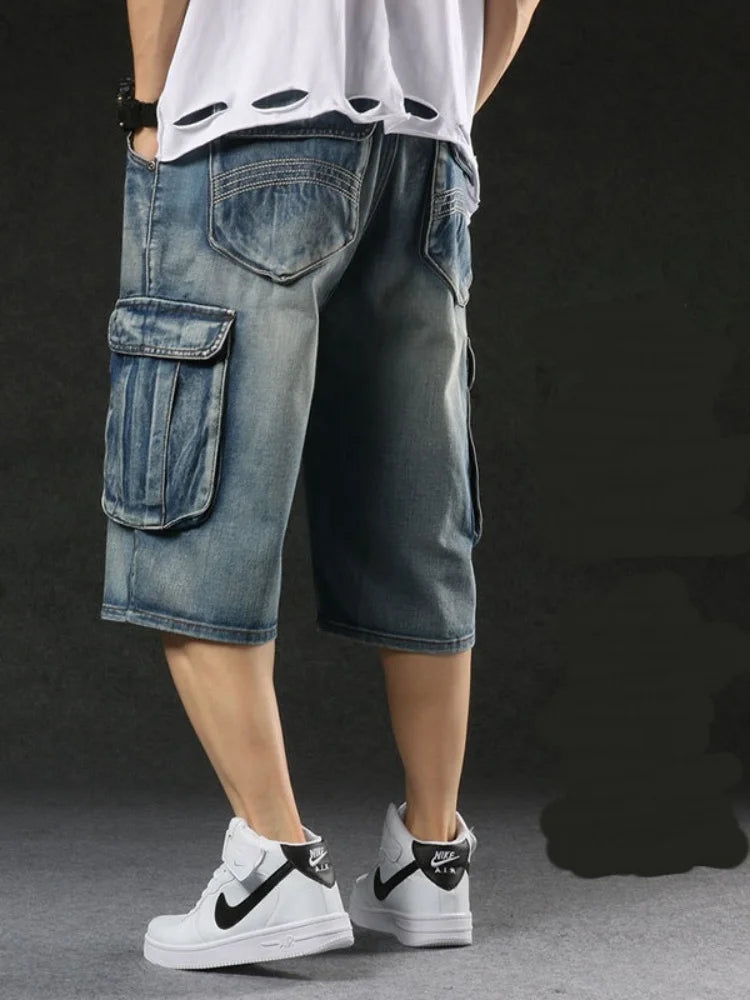 Baggy Denim Shorts - Plus Size Men's Cargo Jeans With Bleach Stone Wash