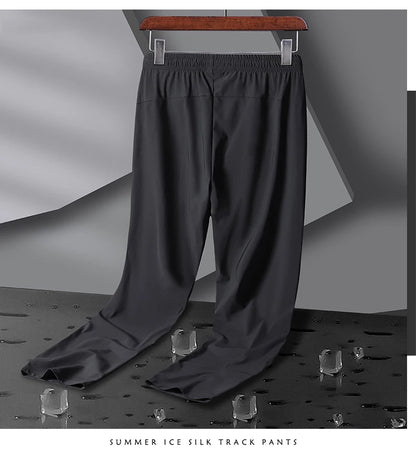 Men's Athletic Stretchy Ice Silk Quick Dry Pants Zipper Pockets Lightweight Sweatpants Outdoor Hiking Breathable Running Workout