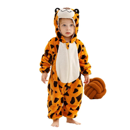 Baby Winter Rompers - Soft Polyester Hooded Jumpsuit With Animal Pattern, Machine Washable