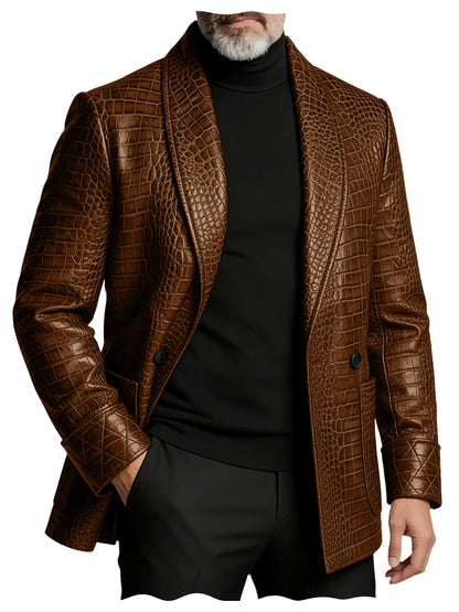 Men's Crocodile Embossed Leather Blazer Double Breasted Business Casual Brown Jacket Office Wear Formal Plus Size  Suit Coat