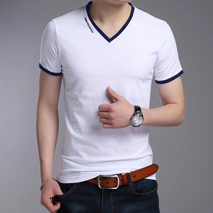 Men's V-Neck T-Shirt - Breathable Polyester Casual Tee, Solid Color Summer Top