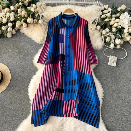 Miyake Pleated Drape Dress Women 2024 Spring Summer Colorblock Printing Lapel 3/4 Sleeve Single-breasted Fashion Shirt Dresses
