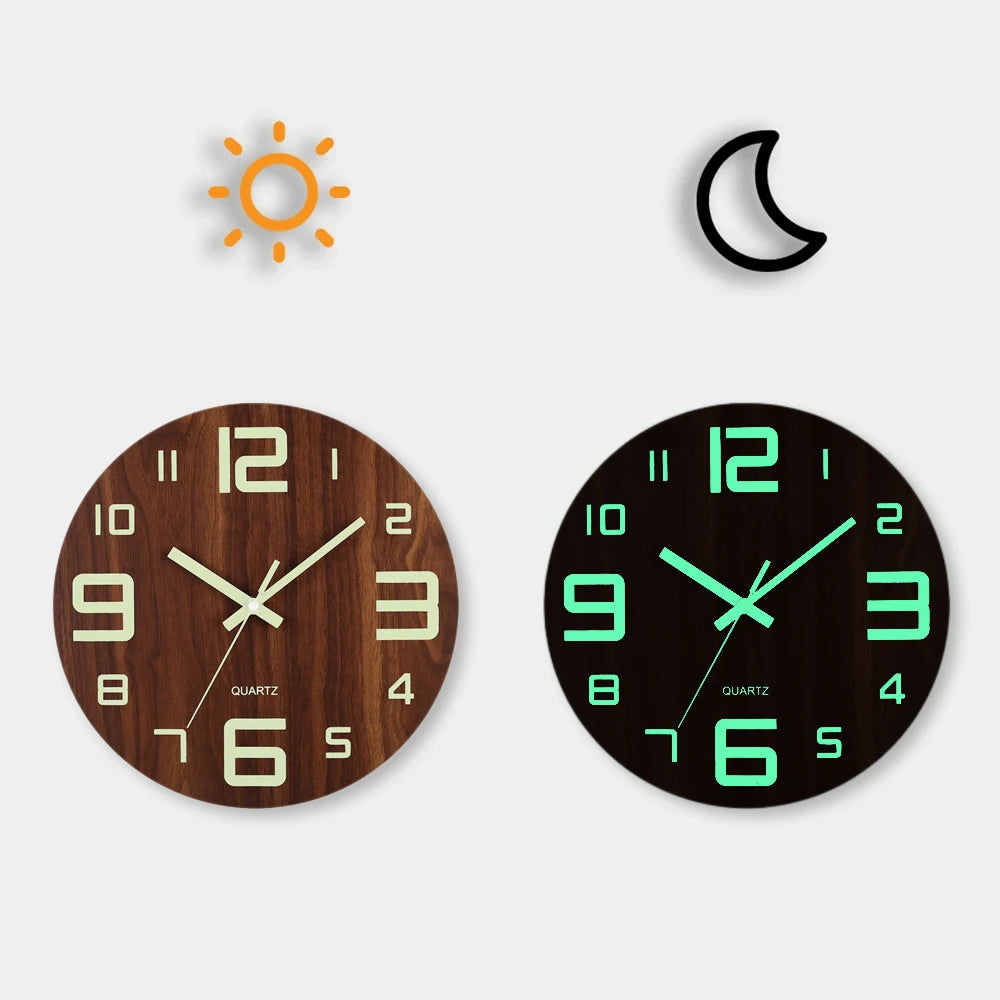 Luminous 12 Inch Silent Wall Clock - Nordic Wood Design with Night Light