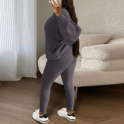 Knitted Sweater Two Piece Set For Women Autumn Winter Long Sleeve O Neck Sweater + Skinny Pants Sets Casual Knit Outfit Homewear
