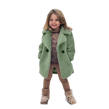 Lamb Fleece Girls Jacket Autumn Winter New Girls Long Style Solid Color Thick Warm Lapel Windbreaker For 2-6Y Girls Overcoat