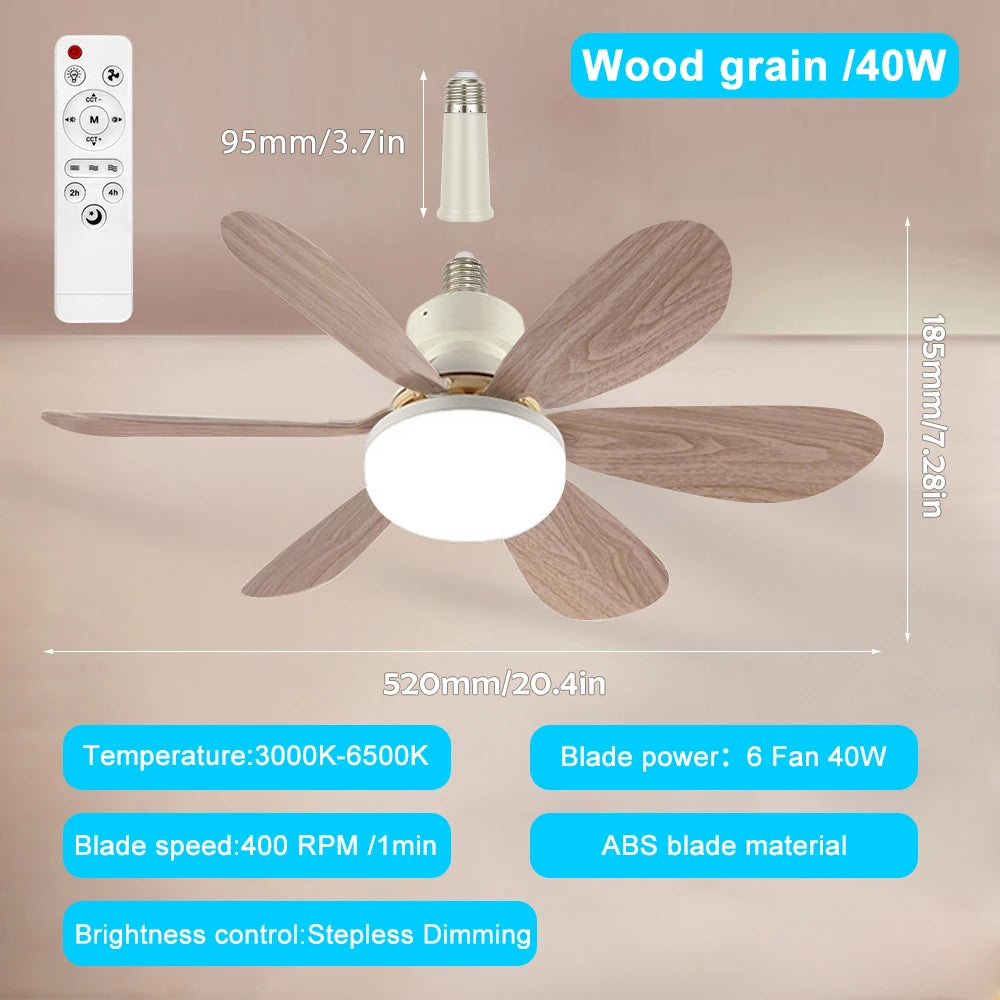 E27 Base 40W LED Ceiling Fan Light 3 Adjustable Lighting Modes Remote Control High Wind Power Electric Fan Light for Living Room