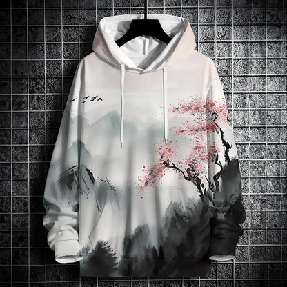 Autumn Hoodies For Men 3d Landscape Ink Print Street Designer Long Sleeved Loose Oversized Pullover Fall Fashion Men's Clothing