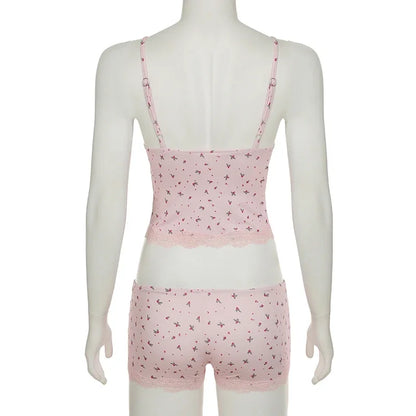 Women Two-pieces Pajamas Set Pink Floral Lace Patchwork Sleepwear Sleeveless Camisoles and Slim Cute Shorts Loungewear