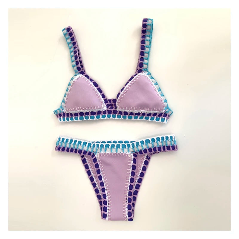 Handmade Crochet Bikini - Women's Two Piece Swimwear, Elastic Triangle Top & Low-Rise Bottoms