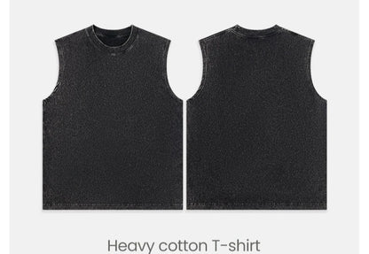 230g Pure Cotton European and American High Street Retro Washed Distressed Sleeveless Vest Men's Casual Loose Shoulder T-shirt