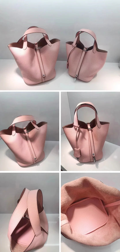 Women Leather Bucket Bag - Genuine Leather Handbag | Large Tote Bag With Silver Hardware