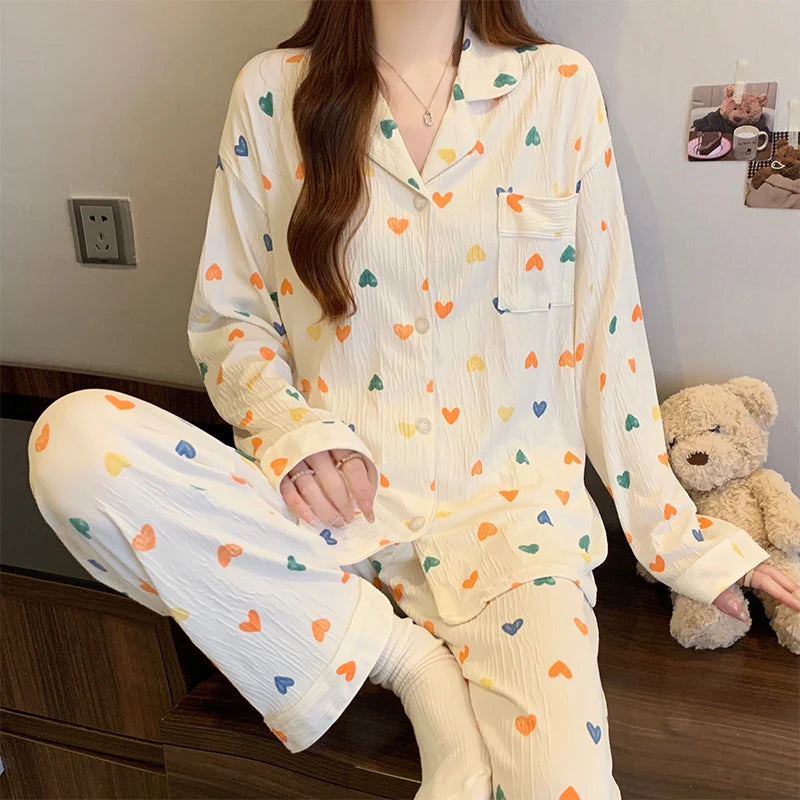 Pink Bow Dtie Pajama Set - Womens Long Sleeve Top  Elastic Waist Pants Harajuku Style Home Wear - ZOOMNSTORE