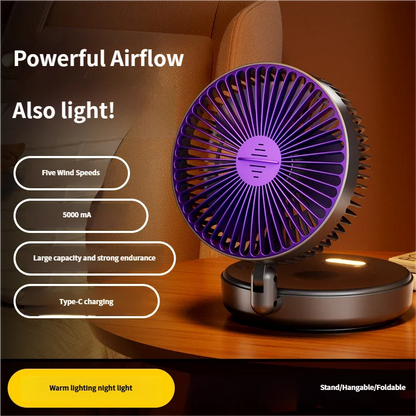 5000mAh Foldable Glow-in-the-Dark Fan Wall Mount Portable Quiet High-Speed Air Circulation Fan for Students Office Desk Fan