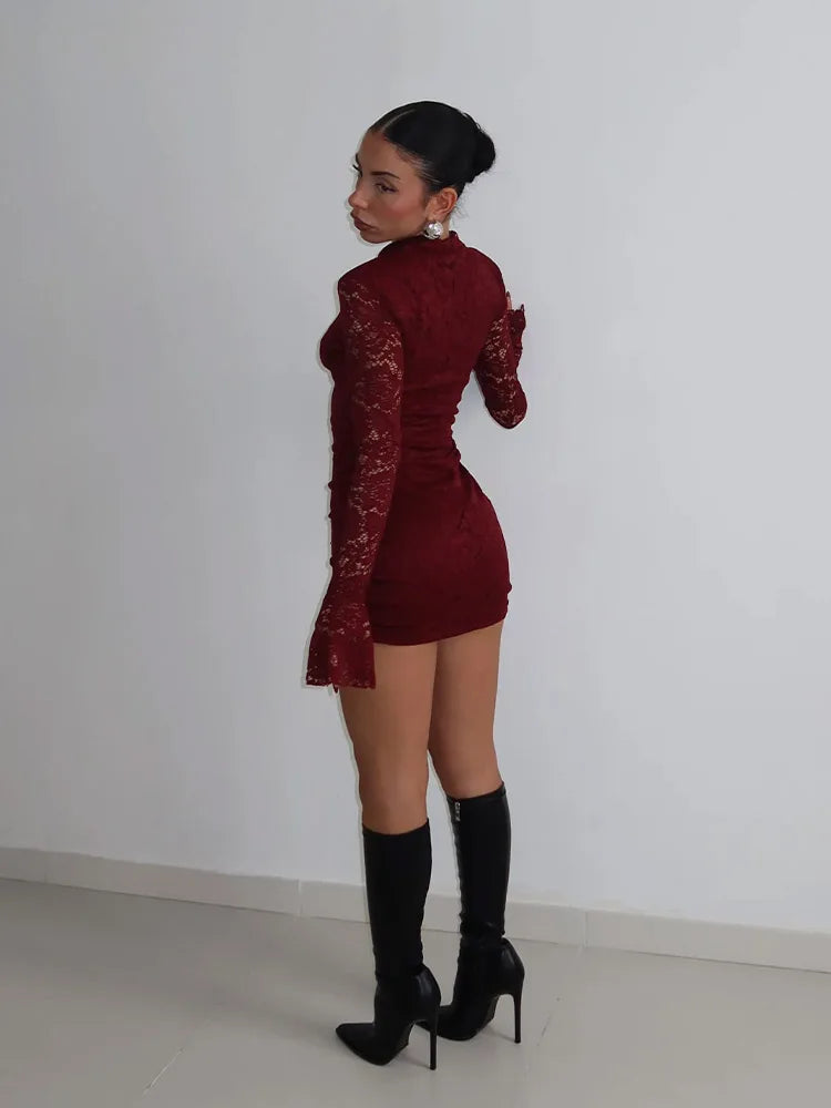 Sexy Lace Mini Dress - Women's Sheath Bodycon Above Knee Dress With Long Flare Sleeves