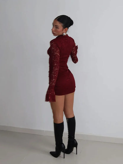 Sexy Lace Mini Dress - Women's Sheath Bodycon Above Knee Dress With Long Flare Sleeves