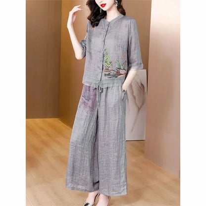 Spring Summer Women Leisure Large Size 5XL 2PCS Middle Aged Mother Mother Cotton Linen Suit 2025 Female Embroidery Two-piece Set
