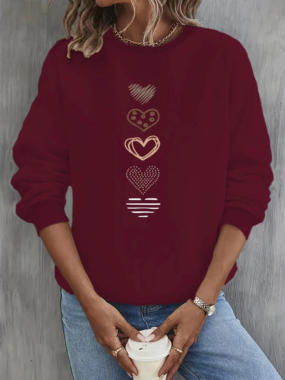 Women's Casual Heart Print Pullover Sweatshirt Geometric Design Long Sleeve Round Neck Machine Washable Regular Fit for Autum