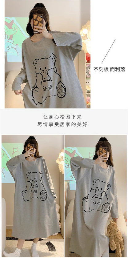 New Spring Summer Cotton Women's Pajamas Cute Long-sleeved Nightdress Cartoon Print Dress Home Service