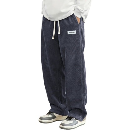 Autumn Mens Corduroy Casual Pants Fashion Loose Fit Pants Straight Sweatpants Elastic Waist Drawstring Outdoor Streetwear