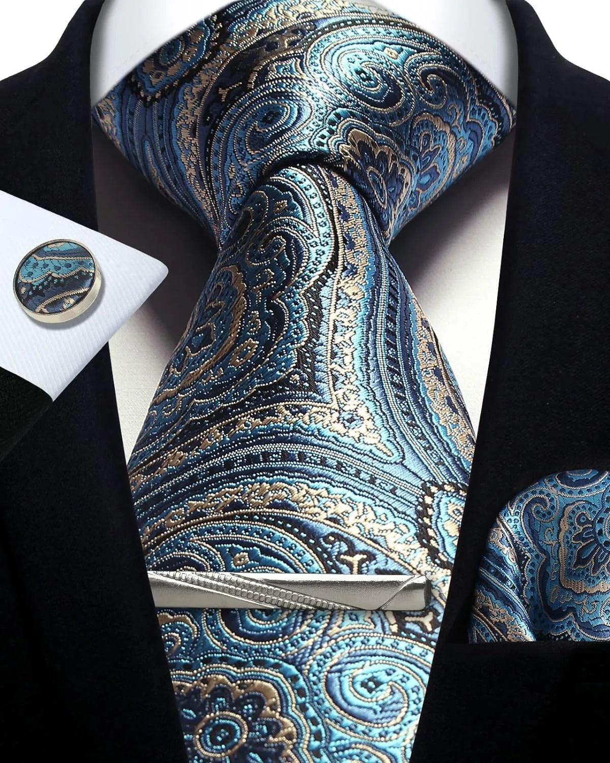 Mens Silk Tie Set - Silver Paisley Necktie with Pocket Square  Cufflinks for Formal Events