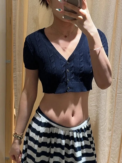 Solid Twist Flower Knitted Cropped Cardigan Woman V-neck Single Breasted Short Sleeve Crop Tops Autumn Sweet Cotton Knitwear New