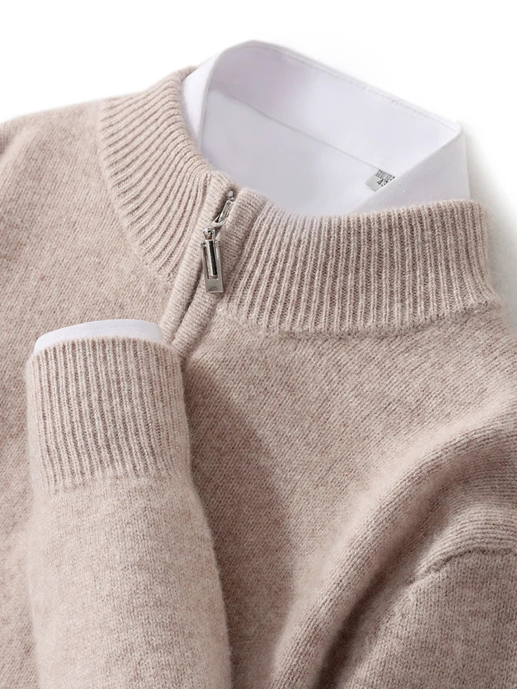 Men Mock Neck Zipper Sweaters 100% Merino Wool Pullover Casual Fashion Clothing Autumn Winter Thick Cashmere Knitwear Tops