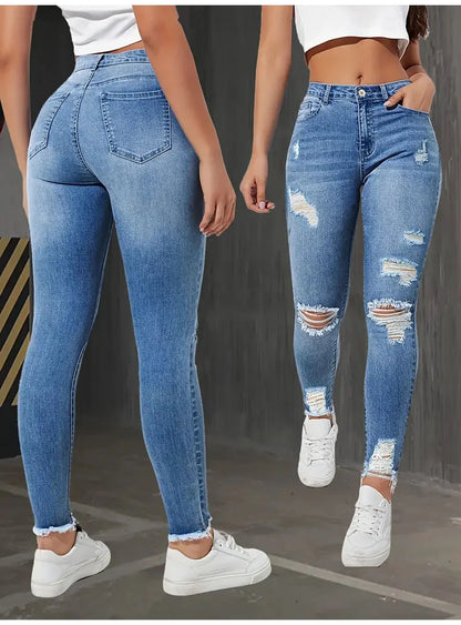 Fashion Skinny Hole Jeans Women 2025 Autumn Stretchy High Waisted Ripped Slim Retro Solid Color Denim Trousers Pants