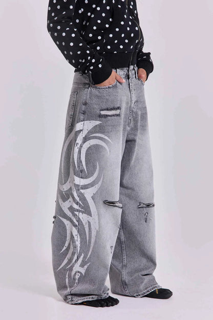 Loose Jeans Women Graffiti Print Baggy Wide Leg Straight Leg Ripped Floor Pants Harajuku Y2k Gothic Unisex Work Denim Pants