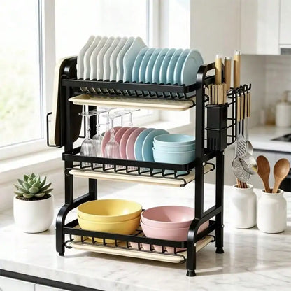 3-Tier Dish Drying Rack, Large Capacity Dish Drainer Rack With Removable Drain Tray, Kitchen Countertop Organizer For Plates Bow