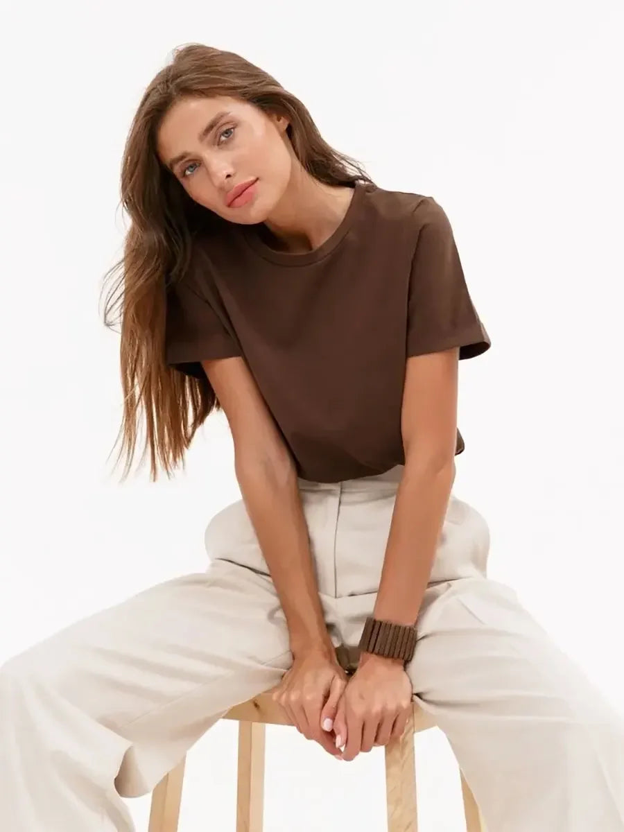 Cotton Womens T-Shirt - Summer Short Sleeve Loose Basic Top