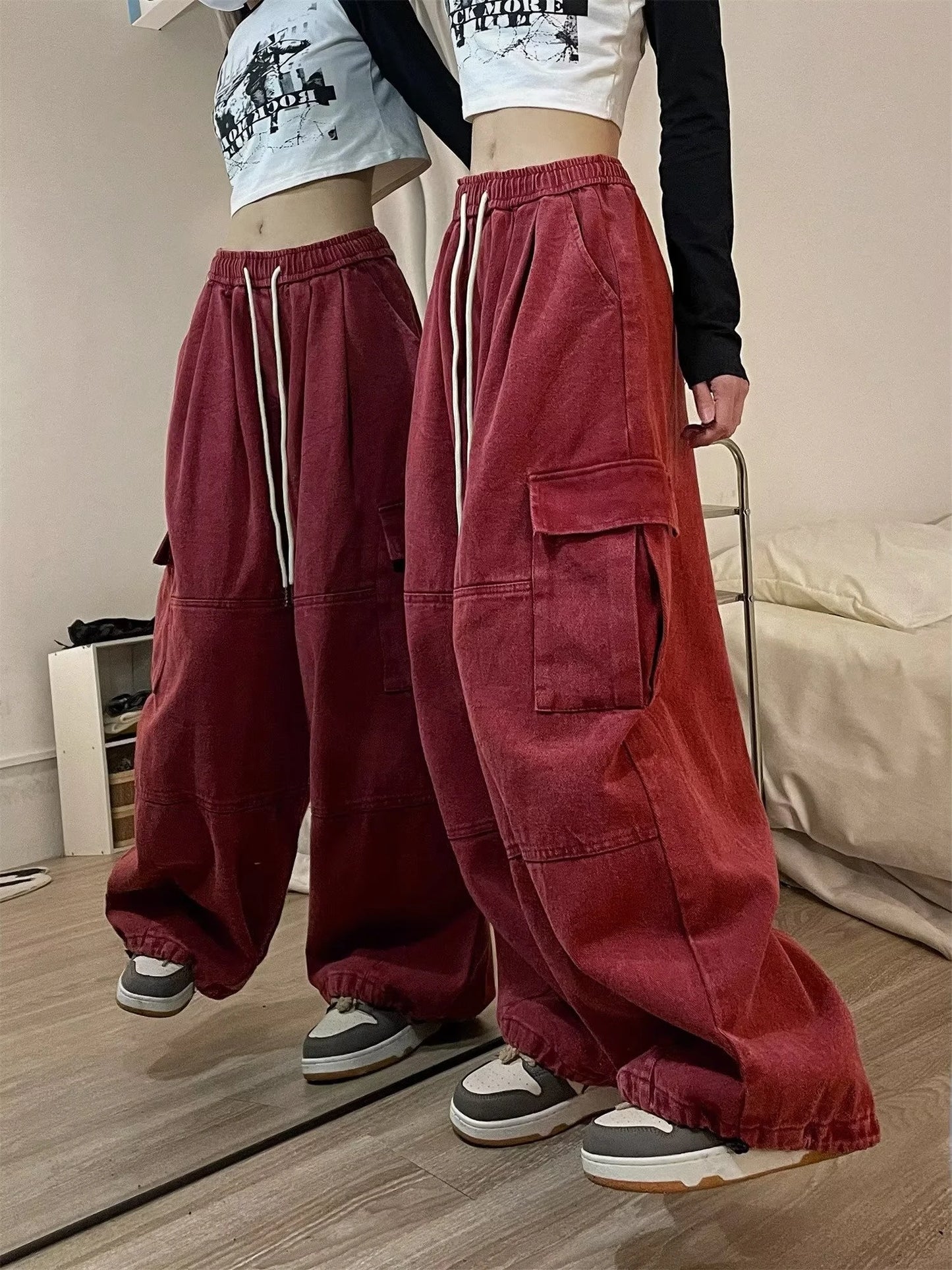 Cargo Pants Women Solid Color Japanese Loose Thin Straight Wide-leg High Waist Trousers High Street Basics Casual Pants Female