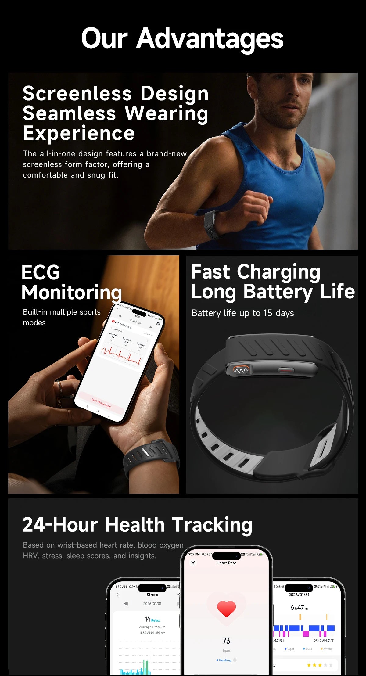 2026 New Screenless Fitness Tracker Health Smart Band ECG+PPG Uric Acid Blood Oxygen Body analysis Smart Bracelet For Men Women