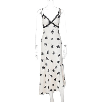 Hugcitar 2026 Floral Print V Neck Slip Backless Sexy Bodycon Maxi Prom Dress Spring Summer Women Clothes Birthday Party Festival