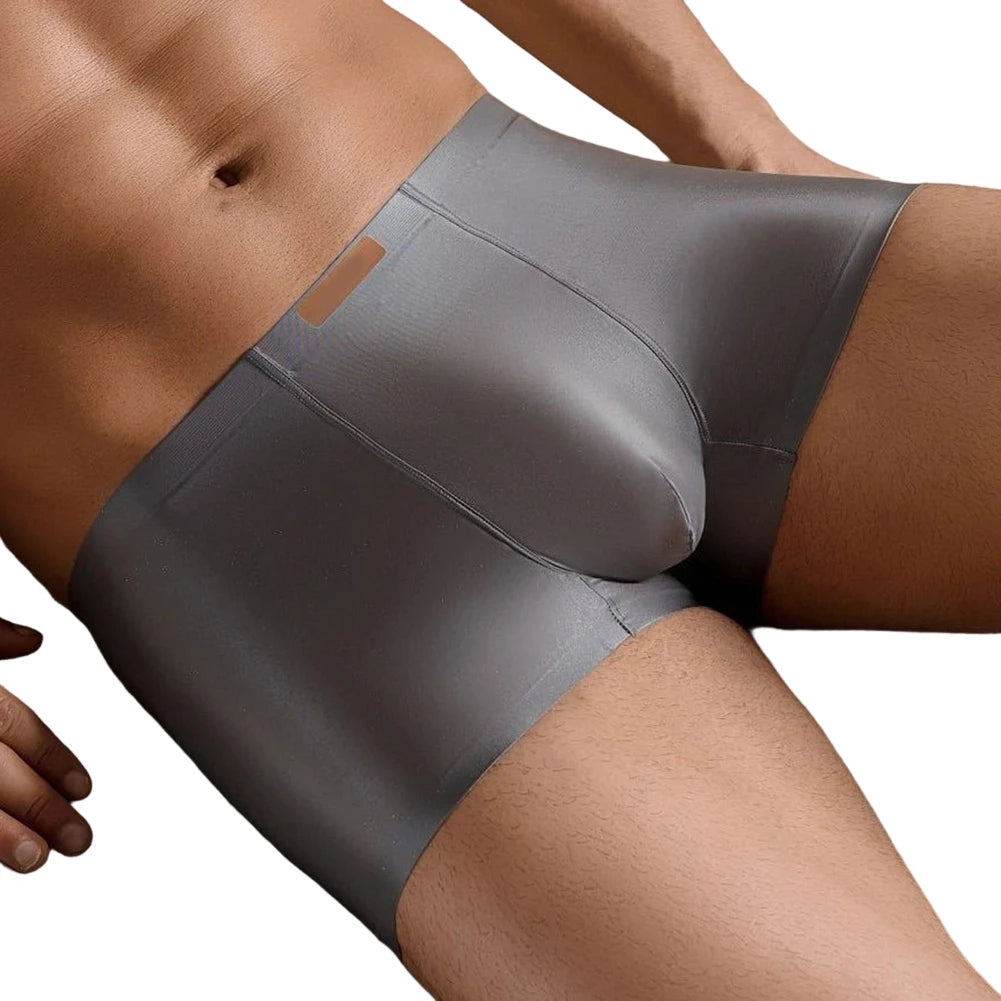 1pc Men Satin Trunks Seamless Shiny Boxer Shorts Ice Silk Middle Waist Panties Solid U Convex Bulge Pouch Underwear Breathable