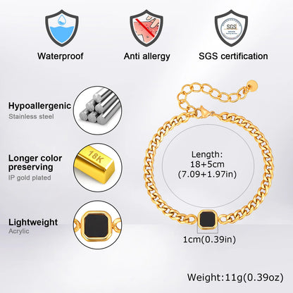 Fashion Chic Square Acrylic Charm Bracelet, Silver Gold Color Stainless Steel Twist Chain Bracelet, Minimalist Jewelry for Men