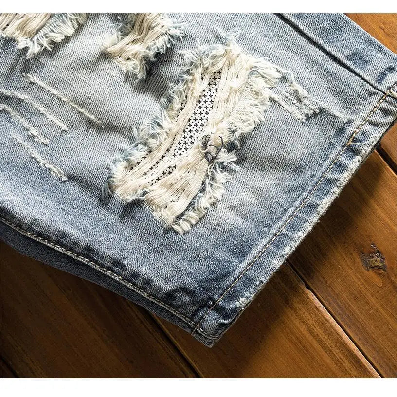 Trendy Brand Beggar Denim Boys Summer Thin Ripped Patch Printed Medium Pants Korean Outerwear Cowboy Shorts Man Short Half Pants