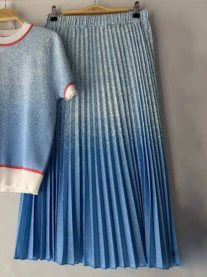 Designer retro geometric print T-neck knitted pullover two-piece 2026 summer women's dress+loose pleated skirt fashion suit