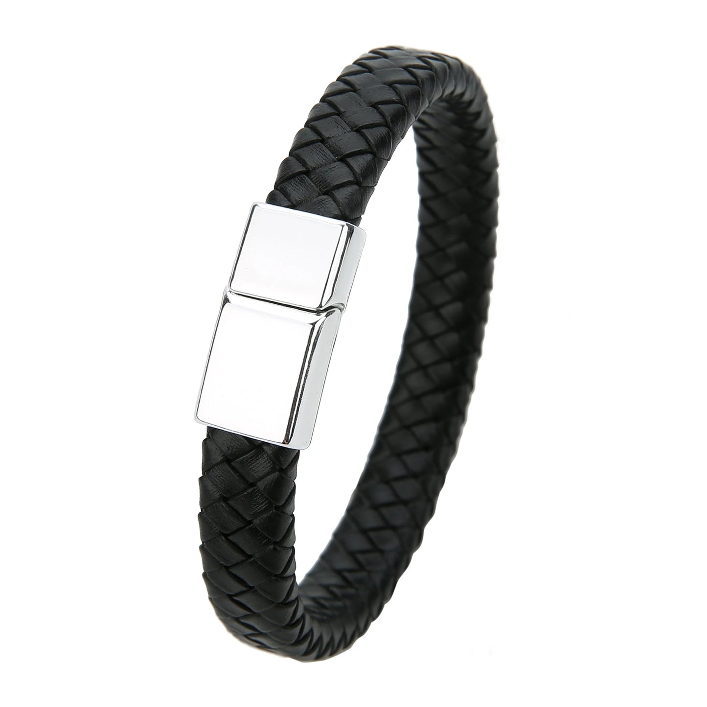 Mibrow Braided Black Leather Men Bracelet 10x5 12x6mm Size Fashion Metal Magnetic Clasp Wrap Bracelets Punk Charm Men Jewelry