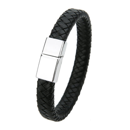 Mibrow Braided Black Leather Men Bracelet 10x5 12x6mm Size Fashion Metal Magnetic Clasp Wrap Bracelets Punk Charm Men Jewelry
