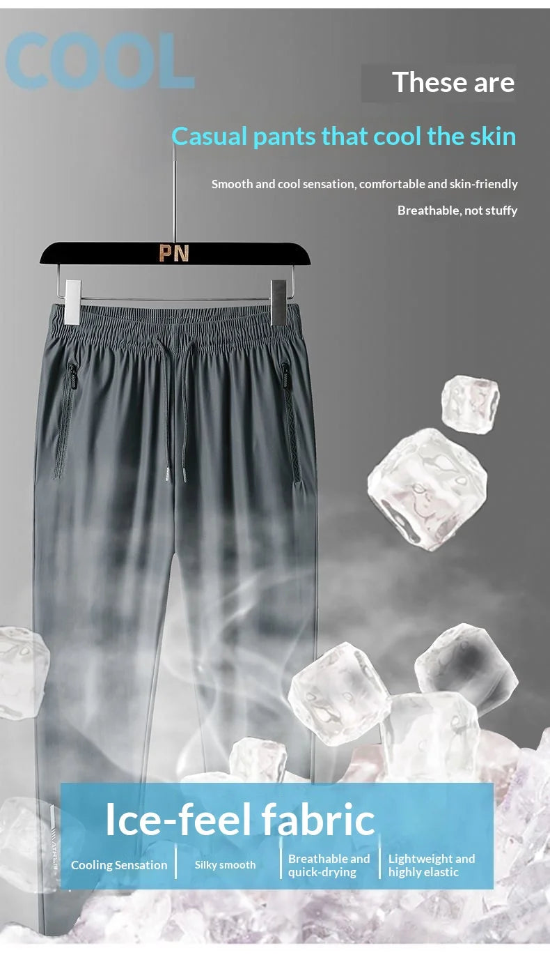 Men's Summer Plus Size Ice Silk Pants Lightweight Breathable Zipper Pockets Stretch Sweatpants for Daily Commute Sports Fitness