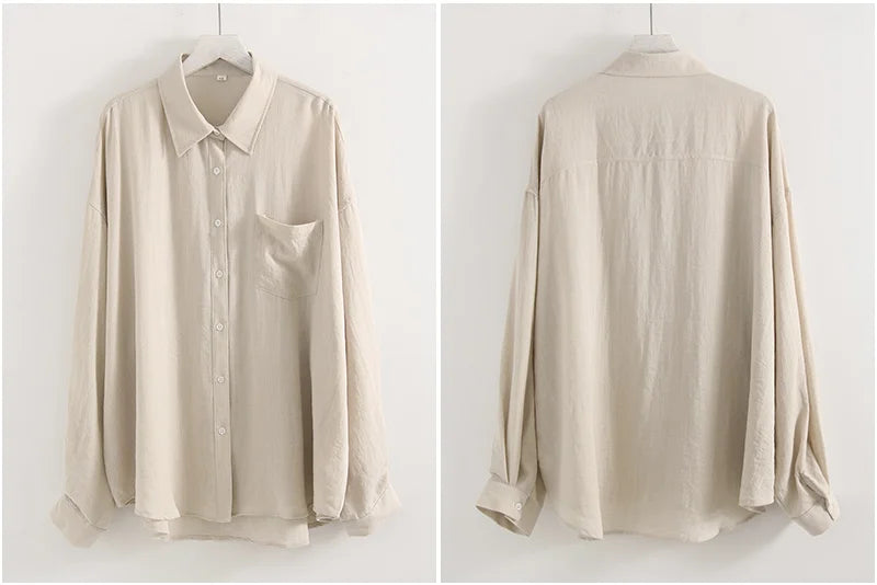 Summer Blue Linen Shirts For Women Oversized Long Sleeve Tops Green Shirt Woman Work Basic Linen Tops Women White Shirts Ladies