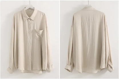 Summer Blue Linen Shirts For Women Oversized Long Sleeve Tops Green Shirt Woman Work Basic Linen Tops Women White Shirts Ladies