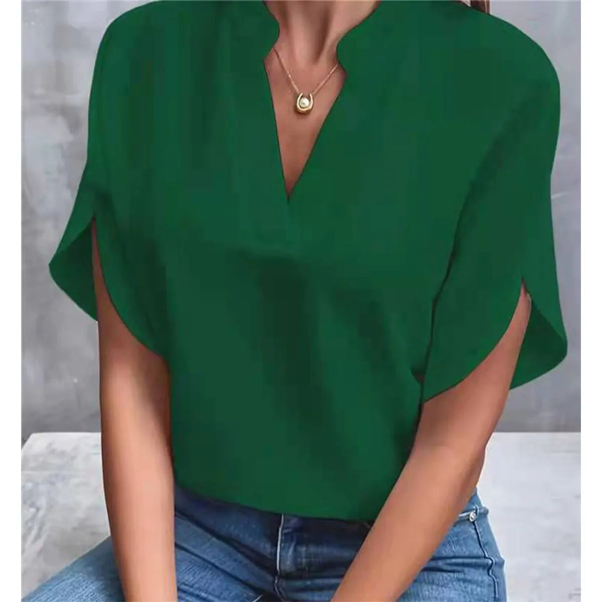 Women Elegant Solid V Neck Blouse Casual Short Sleeve Loose Shirt Summer Solid Tops Harajuku Office Ladt Chiffon Blouse 2026 New