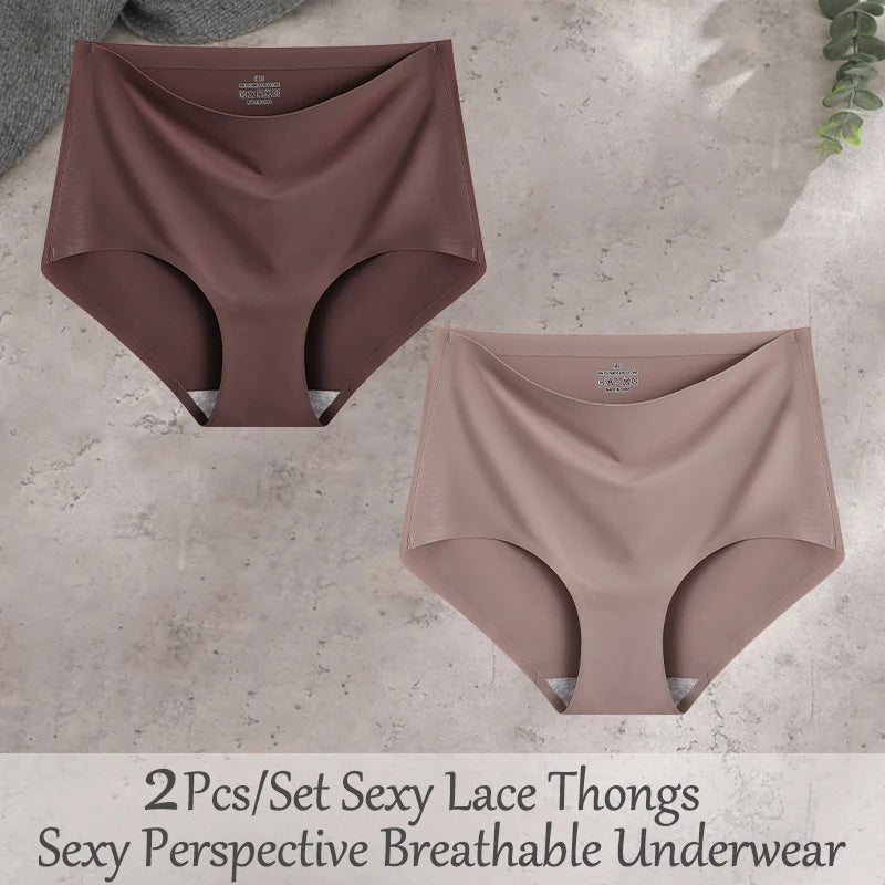 FINETOO 2Pcs/Set Summer Traceless Ice Silk Panties For Women Solid Color High Waist Underpants Female Breathable Sexy Lingerie