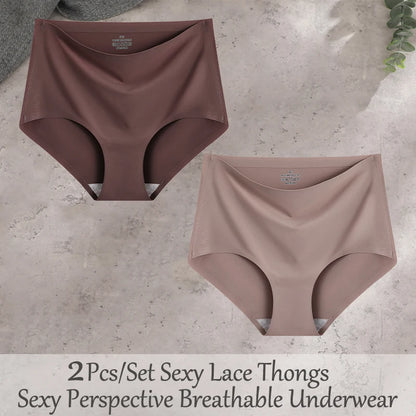 FINETOO 2Pcs/Set Summer Traceless Ice Silk Panties For Women Solid Color High Waist Underpants Female Breathable Sexy Lingerie