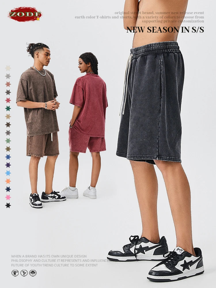 ZODF Trendy Batik Washed 420gsm Cotton Shorts For Men Retro Unisex Basic Heavy Weight Loose Solid Shorts Brand Bottoms HY0855